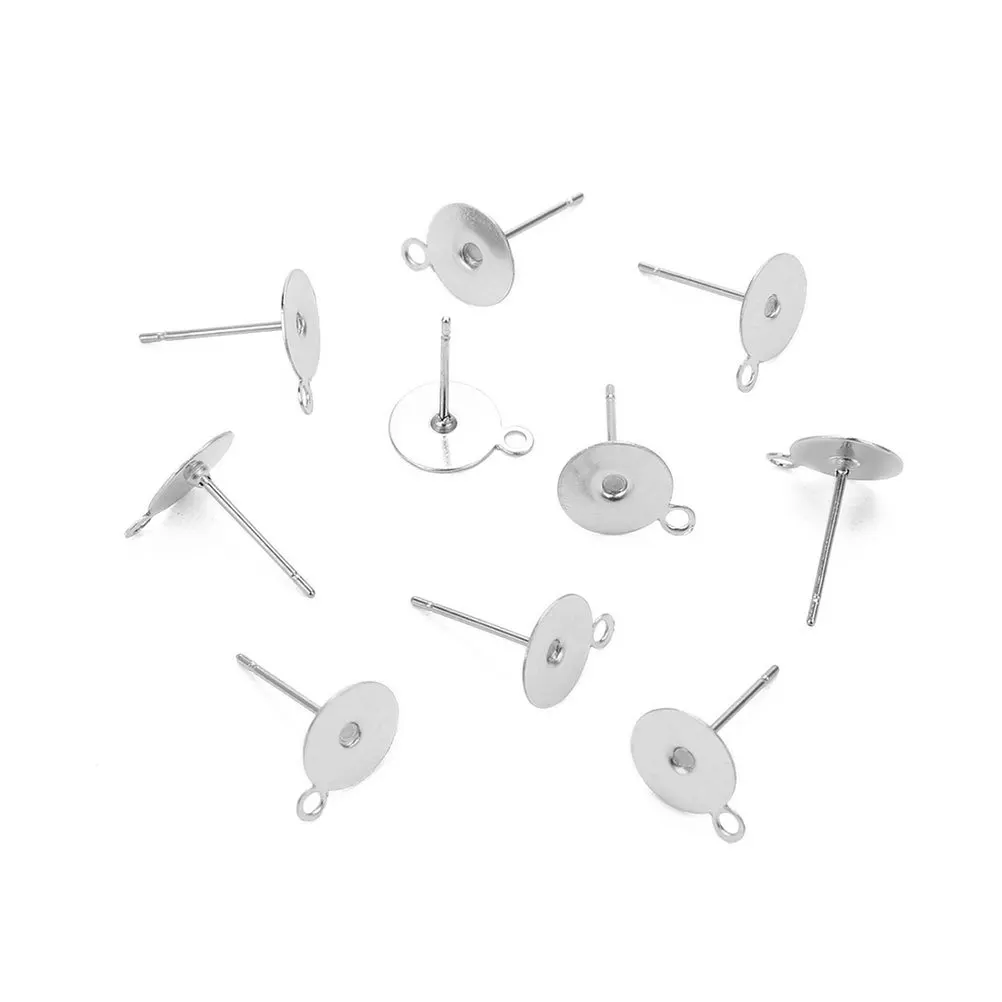 100Pcs Stainless Steel Earring Post Pins Flat Pad Blank Base Corrosion Resistant DIY Jewelry Findings Silver 8mm Base 12mm