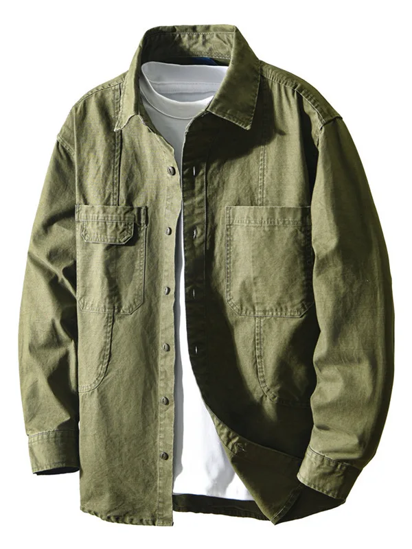 

Retro American Waed Heavyweight Pure Cotton Long Sve Workwear irt Jaet Men's Autumn Loose Casual irt Coat