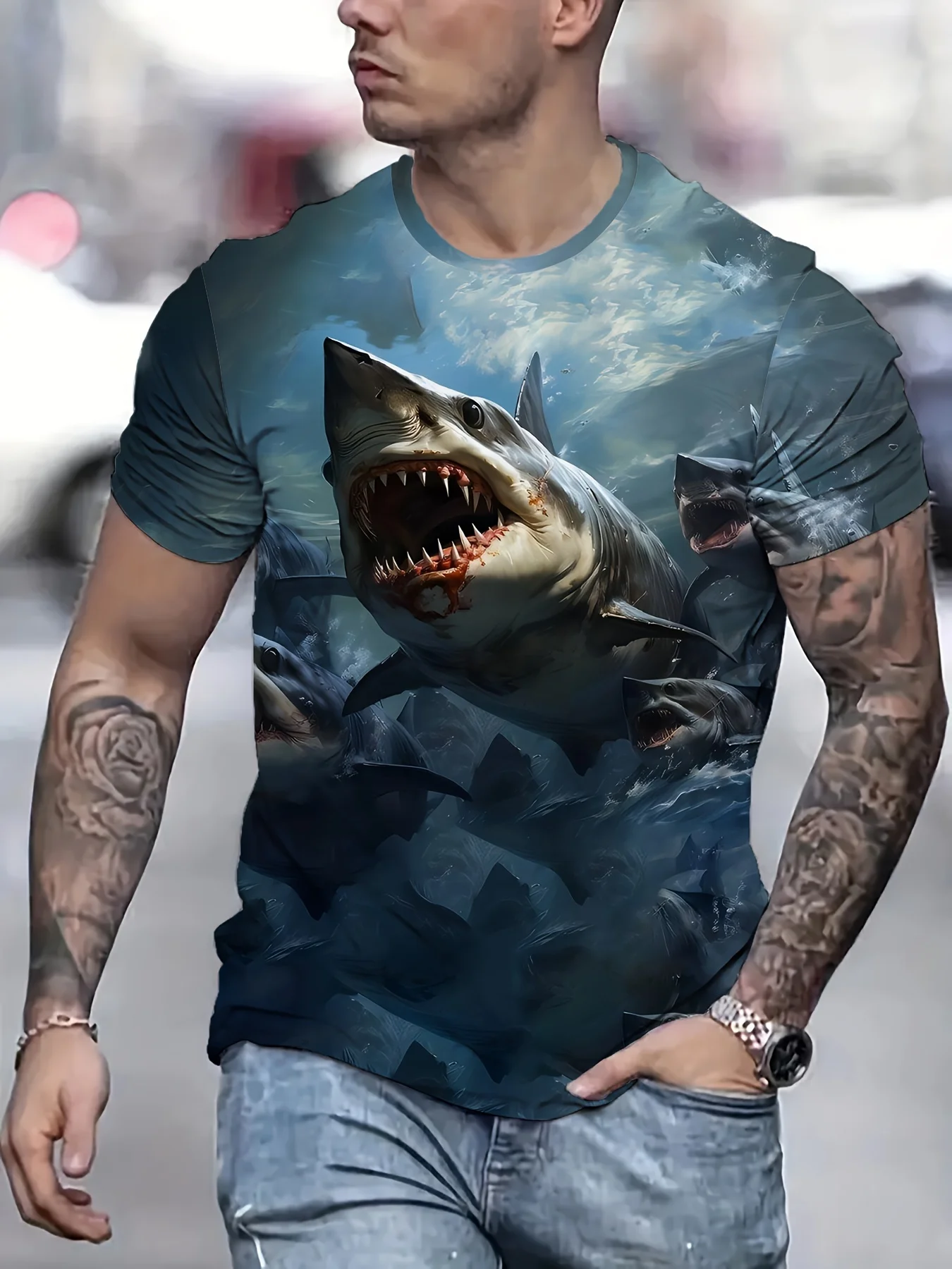 Plus Size Men's Shark Graphic Print T-shirt For Summer, Men's Clothing Soft Slight Stretch Polyester Fabric Casual Comfy Tees