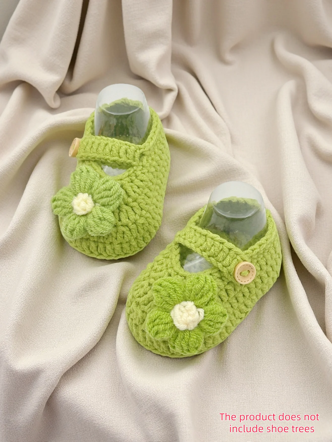 

1 Pair Handmade Baby Booties, Green Knitted Mary Jane Style with Flower Detail, Infant Crib Shoes