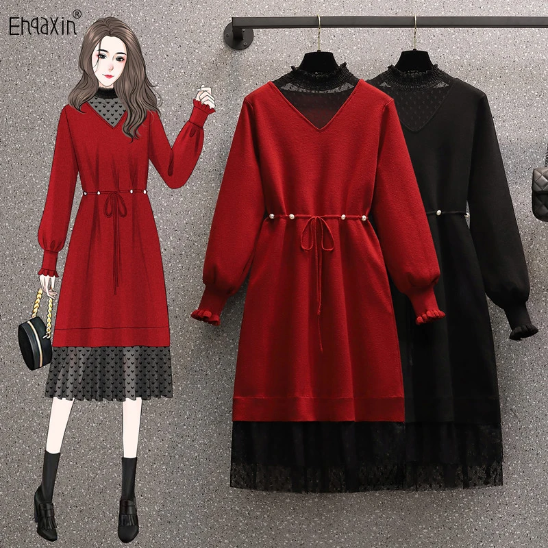 

EHQAXIN Autumn Winter New Women's Knitted Dress Fashion V-Neck Lace Hollow Stitching Beaded Lace-Up Sweater Dresses Ladies L-4XL