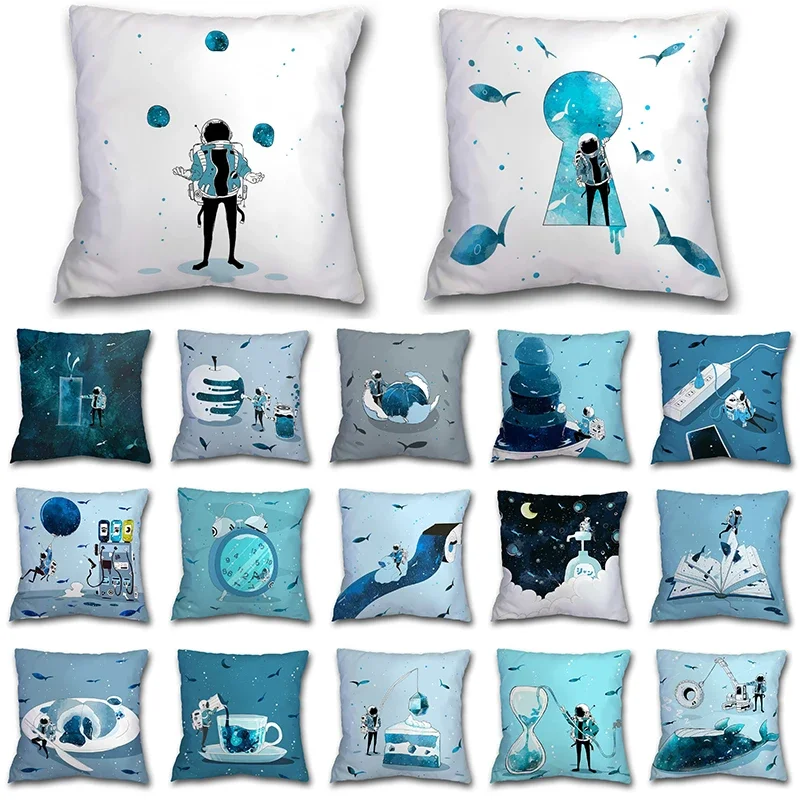 45x45cm Ocean Blue Space Man Pillowcase Creative Astronaut Square Cushion Cover Living Room Car Waist Throw Pillow Cases