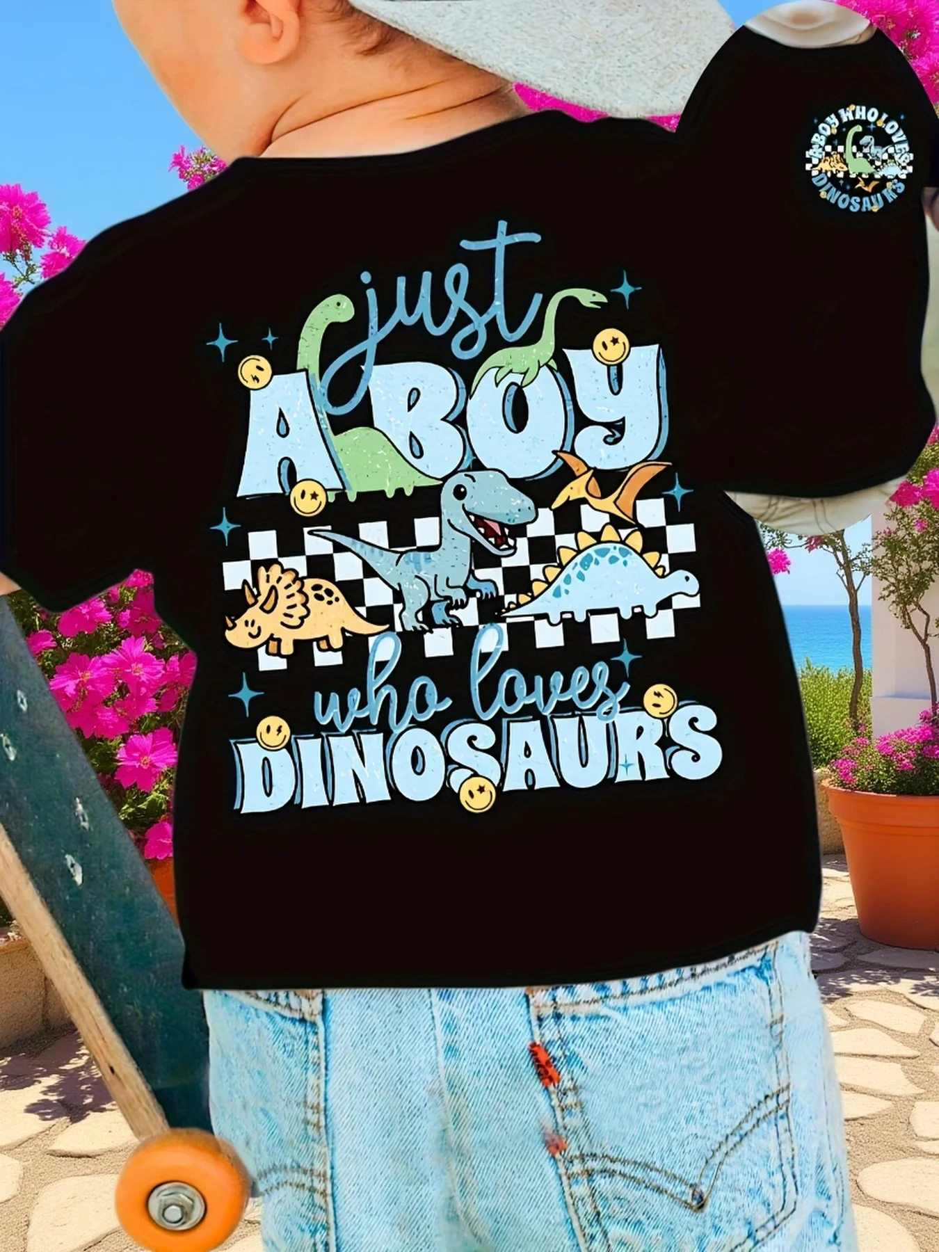 Boys B‑DX5616 Double‑Sided Dinosaur Checkerboard Print T‑Shirt  