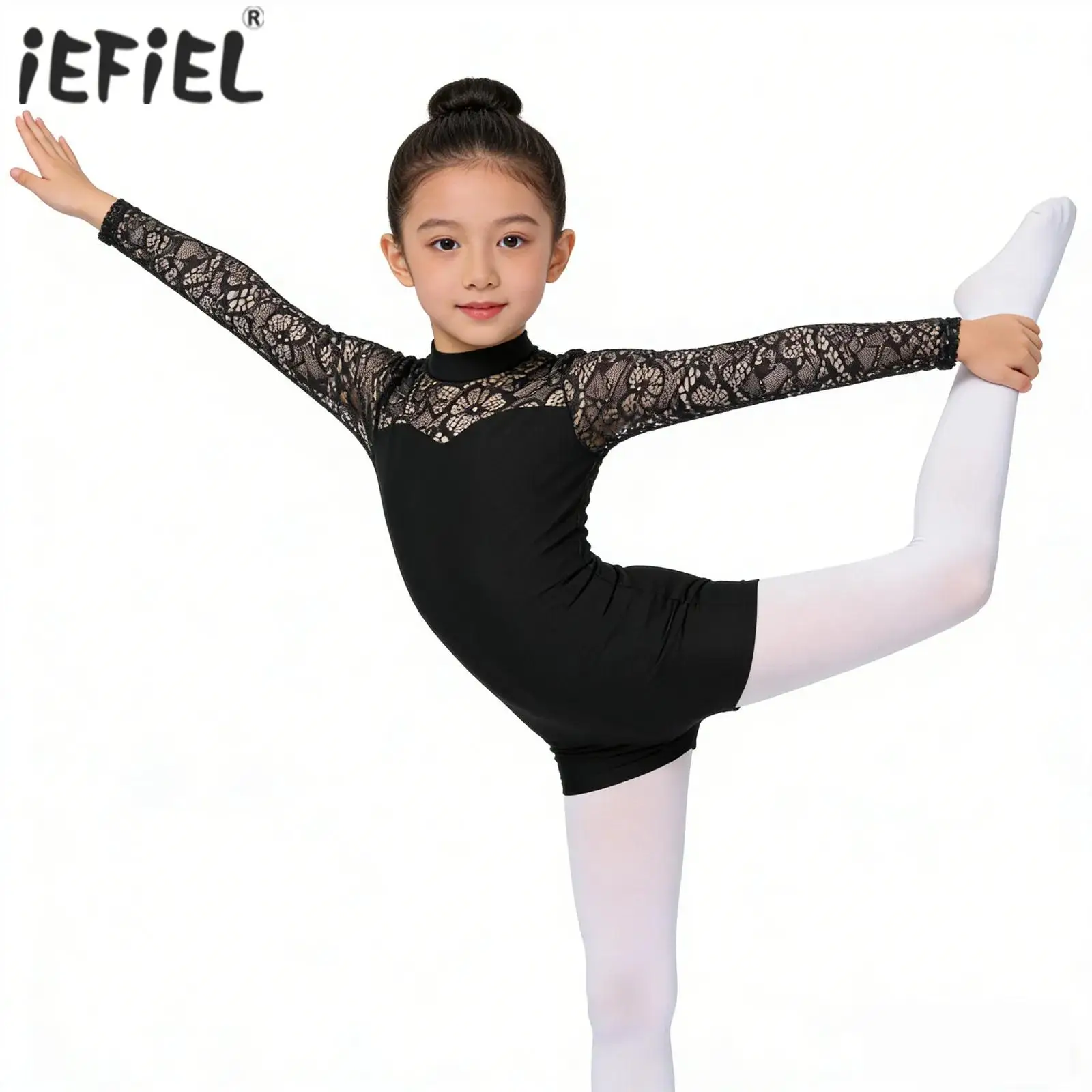 

Kids Girls Lace Sleeve Gymnastics Leotard Ballet Jersey Performance Outfit Long Sleeve Keyhole Back Bodysuit Performance Costume