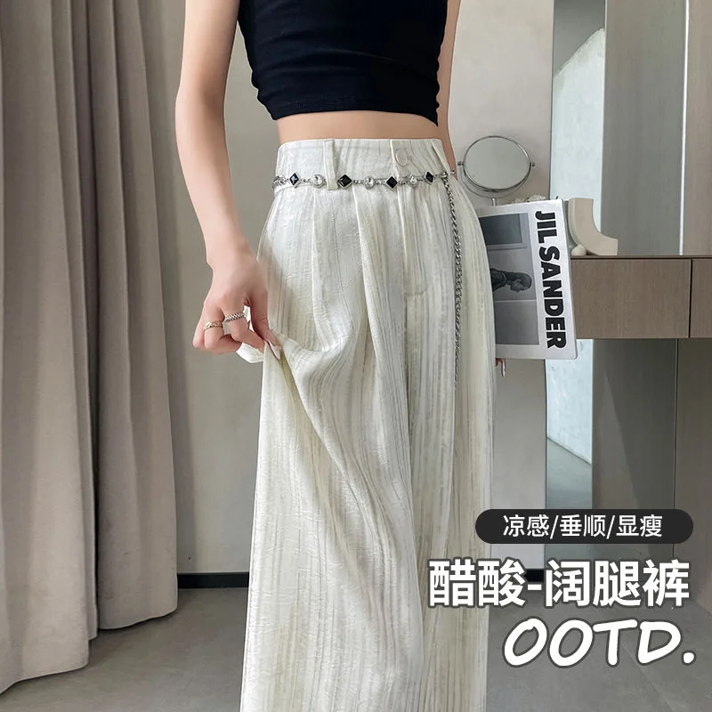 Primavera y otoño 2025, traje caído de cintura alta con estampado de pintura de tinta de pierna ancha de satén de acetato para mujer, pantalones casuales de moda