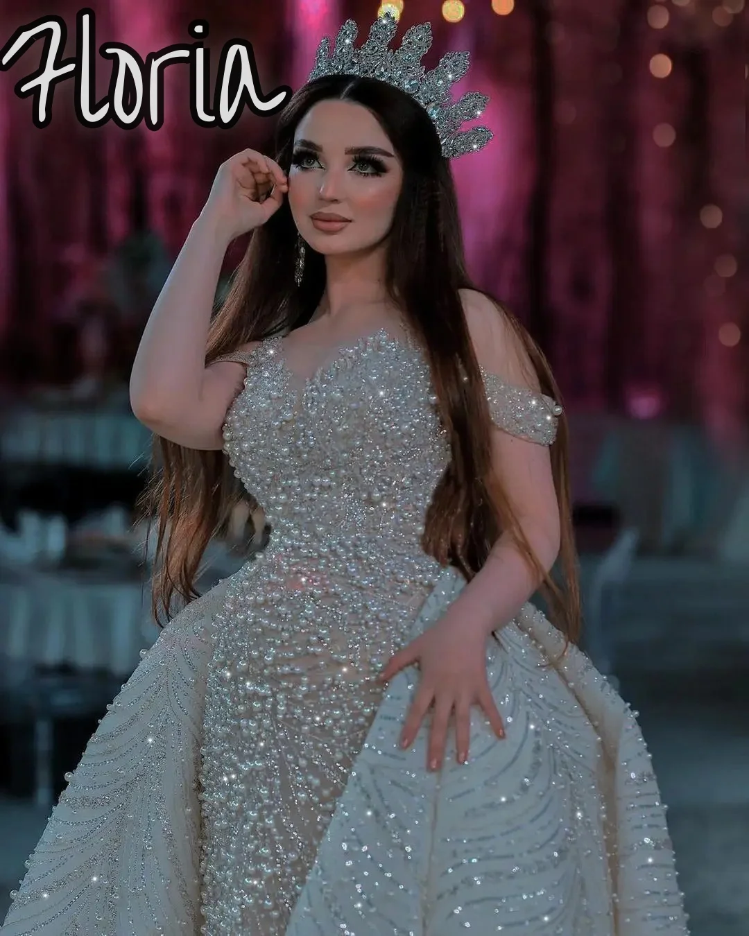 Abito da sposa a sirena scintillante con spalle scoperte Abito da sposa di lusso con scollo a O Abito da sposa moderno lungo fino al pavimento Abiti da sposa