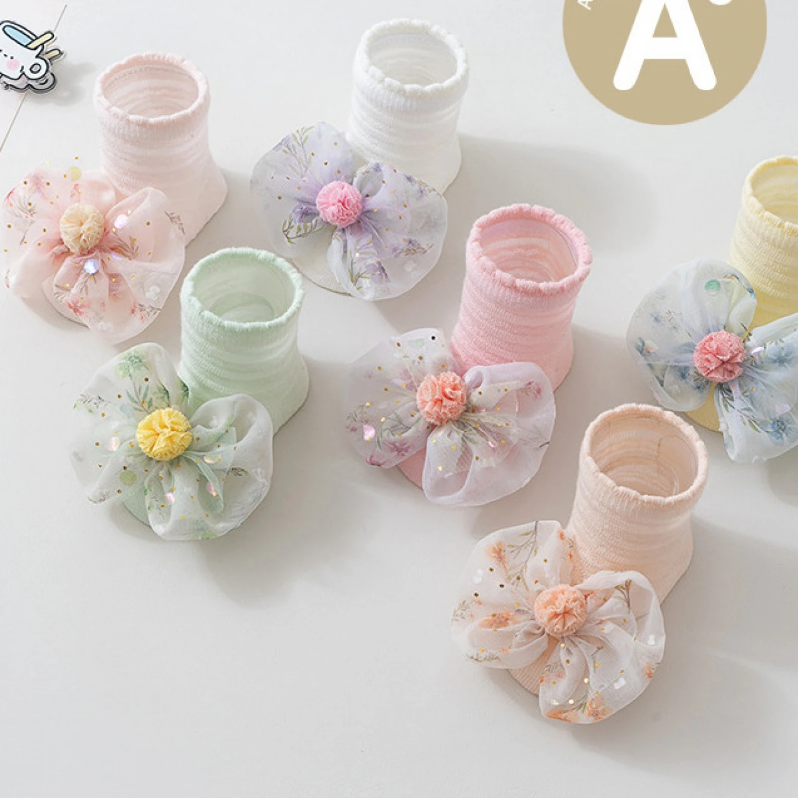 Summer 2027 Newborn Baby Socks Ultra-Thin Breathable Mesh Cotton Socks Princess Mesh Socks with Floral Accent Dress Socks
