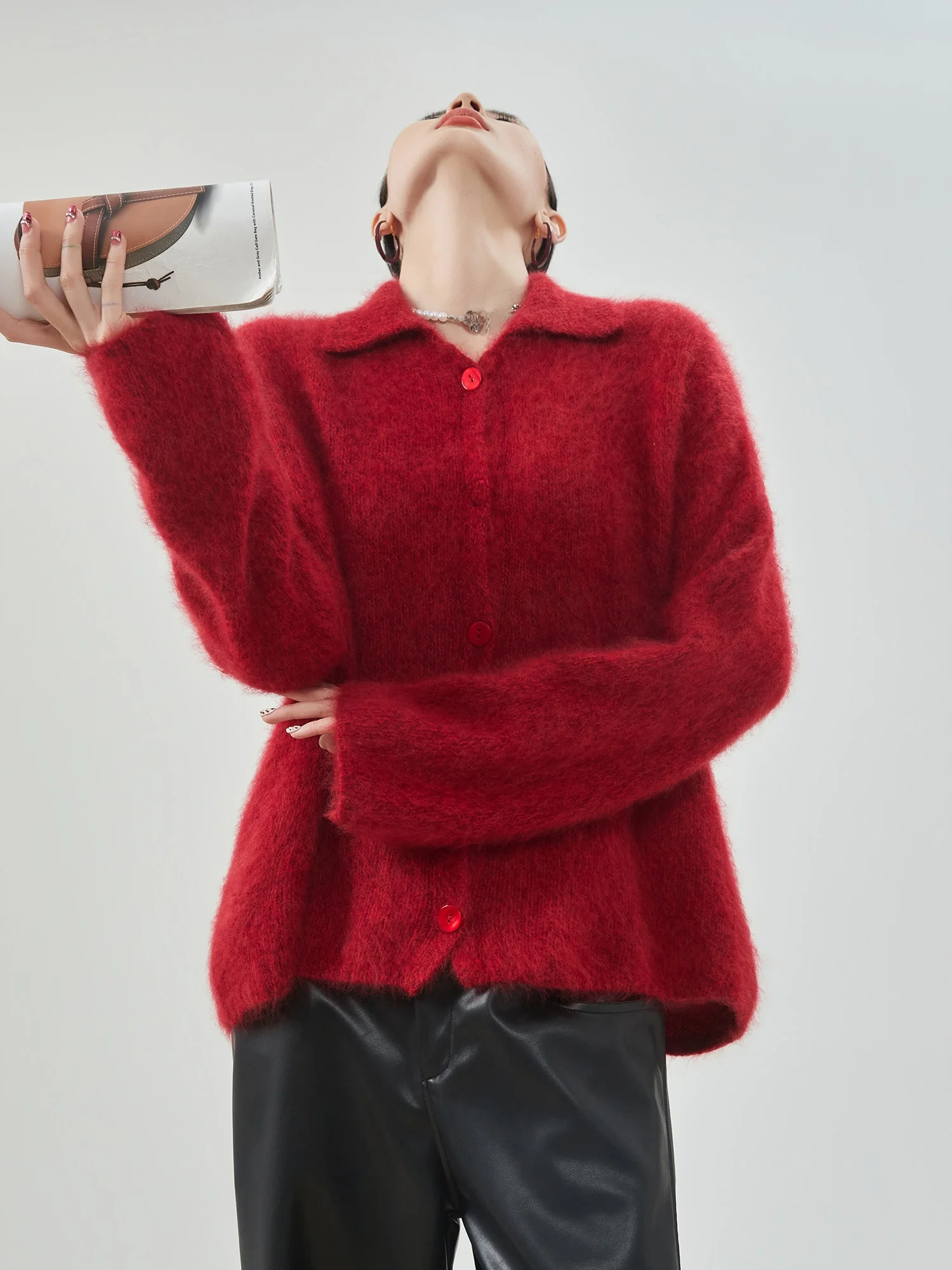 

Red Lapel Fce Knitted Open Cardigan Women's Loose Soft Sweater Jaet New Year's Sle Commute Simple Polyester Fiber