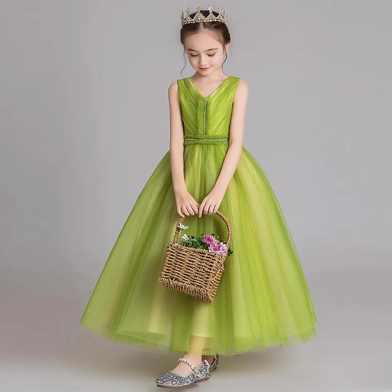 Meisjes V-hals Mouwloos Top Geplooid Tule Tienerjurk Klein concertjurk Junior bruidsmeisjesjurk Verjaardag Communie / Op maat