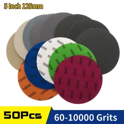 50 adet 5 inç 125mm su geçirmez zımpara diskleri kanca ve döngü silikon karbür zımpara ıslak/kuru 60 -10000 Grit parlatma taşlama