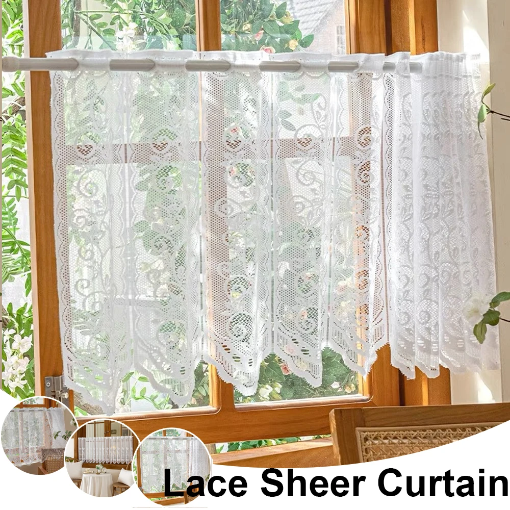 

1Pc American Style White Lace Sheer Curtains Hollow Out Short Valance Curtain for Dining Room Kitchen Door Window Home Decor