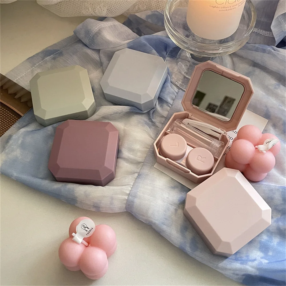 Portable Solid Color Contact Lenses Box Candy Color Cute Contact Lens Case with Tweezer Suction Stick Set for Travel Kit Holder