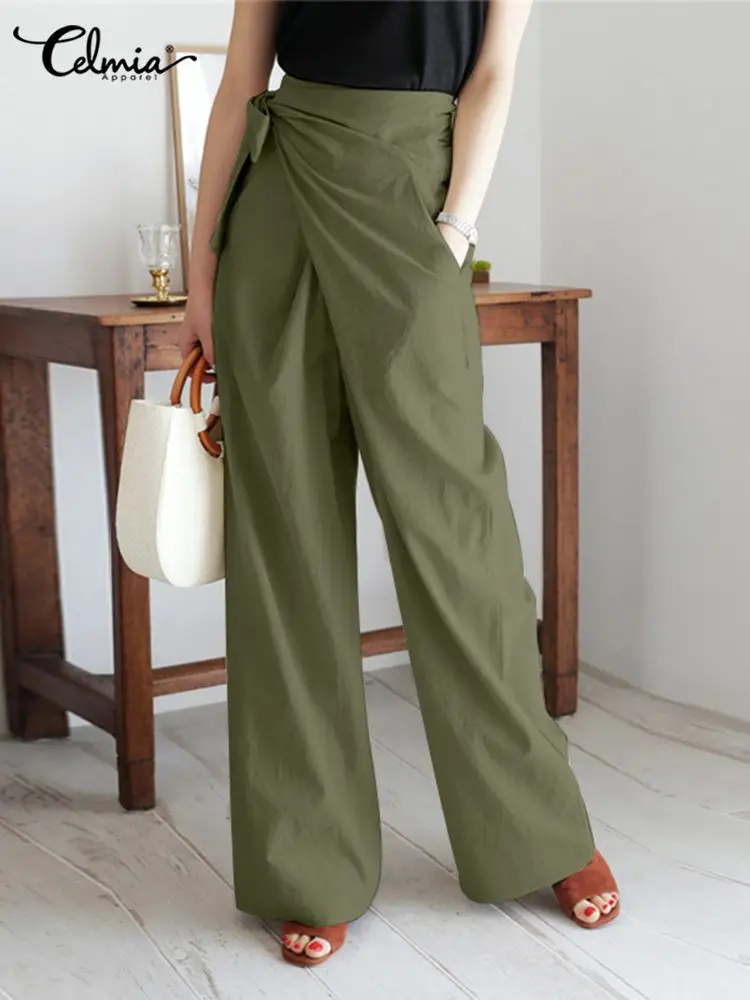 Celmia Summer Breathable Cotton Long Pants Women Casual High Waist Lightweight Trouser 2023 Fashion Solid Wide Leg Pantalon