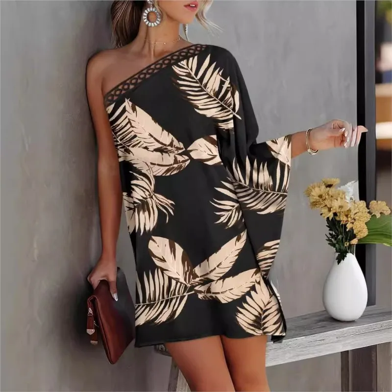 Summer Dress Palm Leaf Print One Shoulder Casual Dress Fashion Women's Printed Evening Dress Birthday Dress