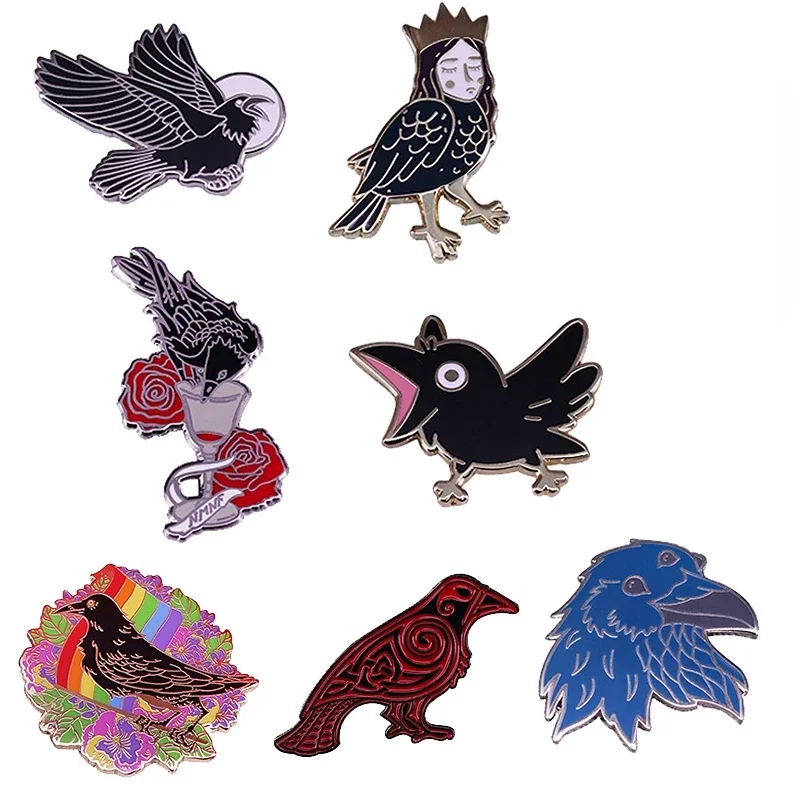 Raven Pins NMNF Red Rose Wine Pansy Moon Stars Crow Pin Edgar Allan Poe Gothic Horror Dark Birds Brooch Omen Goth Witchy Decor