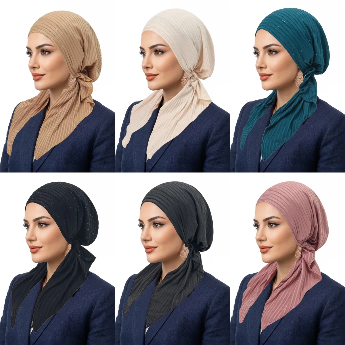 

2026 New Stripes Muslim Hijab Turban Hats Long Tail Head Wraps Elastic Hijab Hats Breathable Chemo Cap For Women Girls