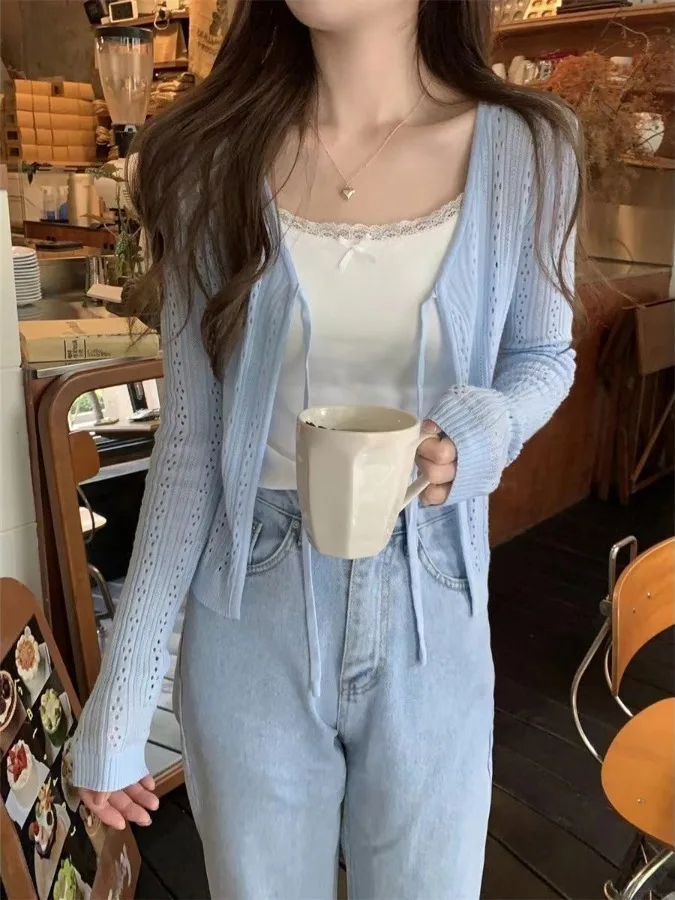 White V-Neck Knitted Cardigan Women's Spring Autumn Short Style with Belt Hollow out Sun Protection Top Matched with Halter D...