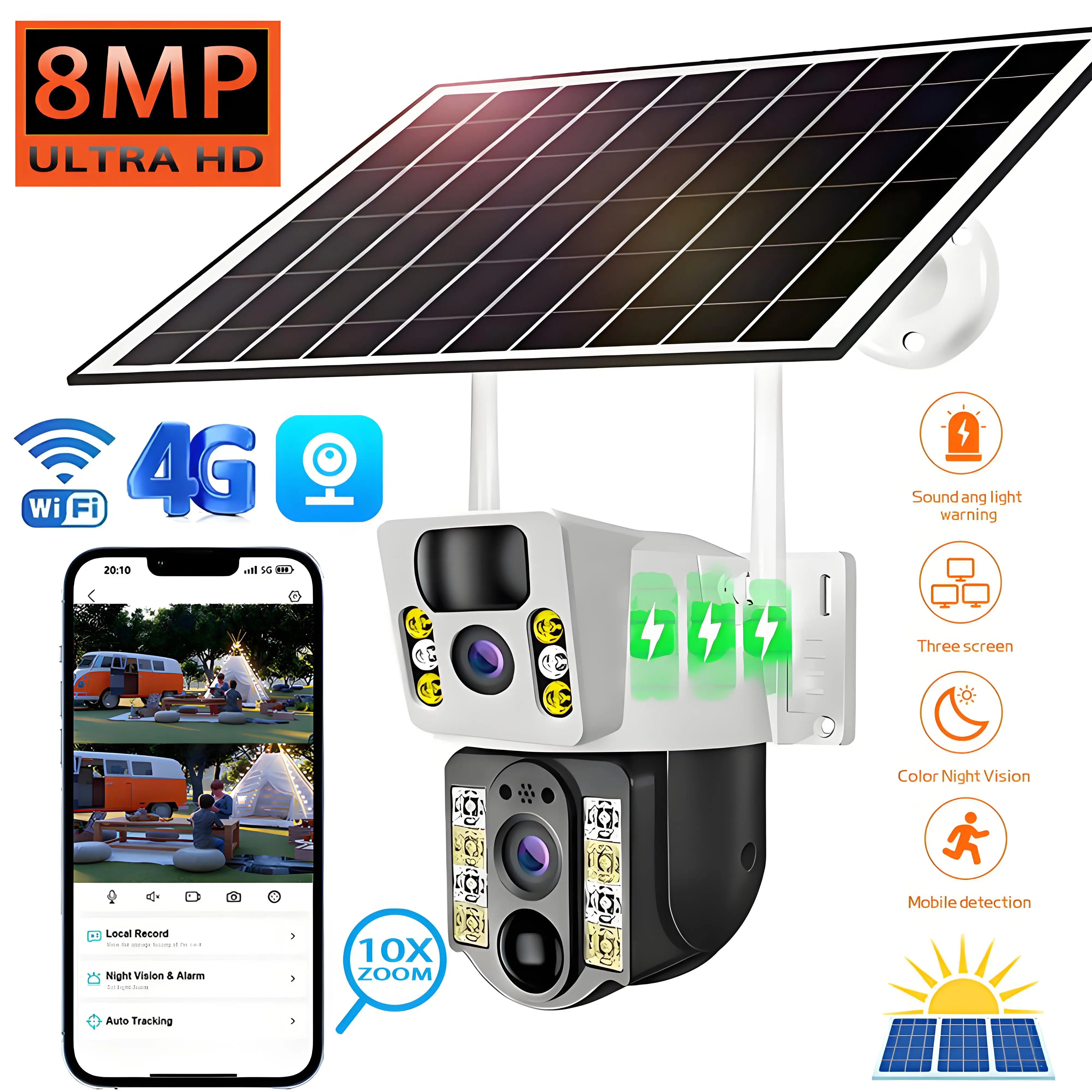 4K 8MP Wireless Outdoor Wifi Solar Camera 4G Sim Surveillance Dual Screen Waterproof Panel IP Video CCTV Solar Powered Cameras