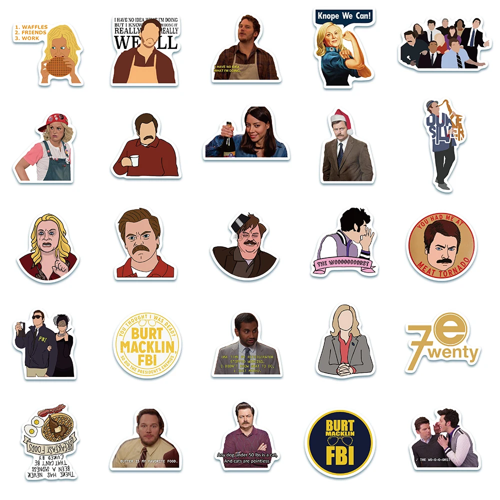 50pcs Parks and Recreation TV Show Stickers Graffiti Decals Laptop Luggage Guitar Fridge Skateboard Stationery Stickers