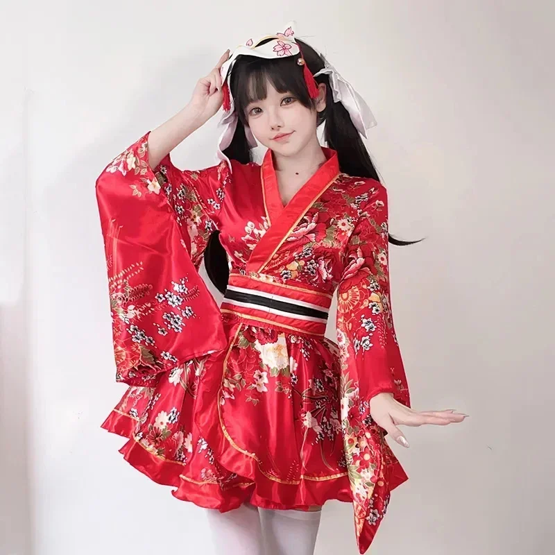 Women Japanese Kimono Yukata Robes Kawaii Girls Floral Printed Haori Suit Lovely Lolita Dress For Women Anime Halloween Costume