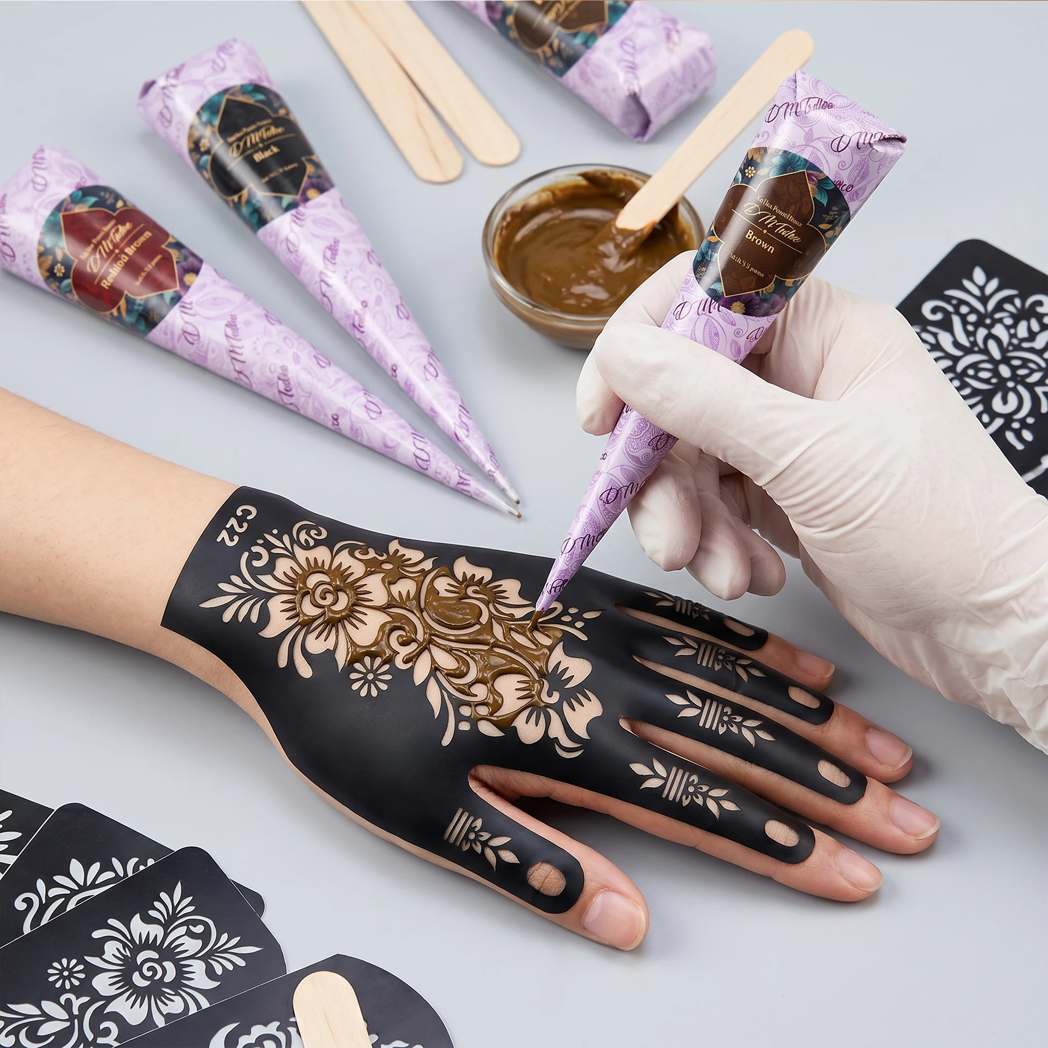 Blumenmuster-Tattoo-Schablonen für Frauen, hohle Henna-Tattoo-Schablonen für Hand und Finger, wiederverwendbare Tattoo-Vorlagen, Tattoo-Werkzeuge – Detail 5