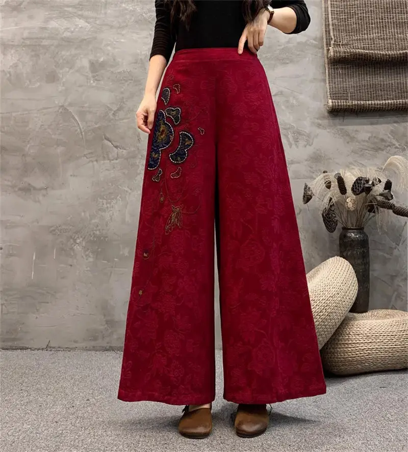 

Autumn Winter Vintage Cotton And Linen Casual Pants Women Jacquard Big Size Ethnic Embroidery High Waist Wide Leg Trousers Z3338