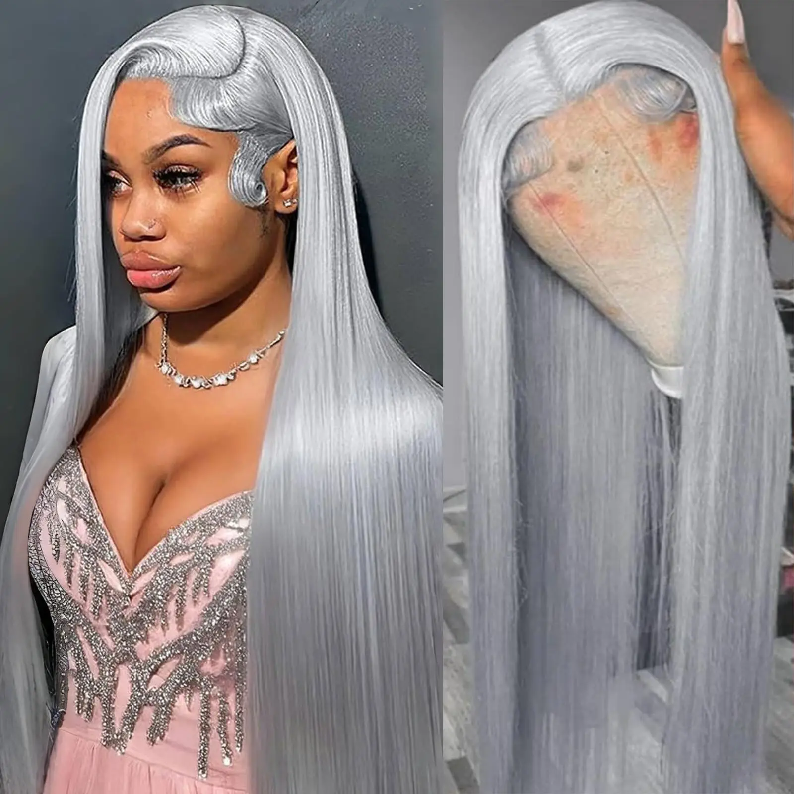 36 بوصة فضي رمادي العظام مستقيم الدانتيل أمامي خصلات الشعر المستعار الإنسان رمادي 613 ملون 13x4 HD الدانتيل شعر مستعار أمامي 100% شعر الإنسان للنساء