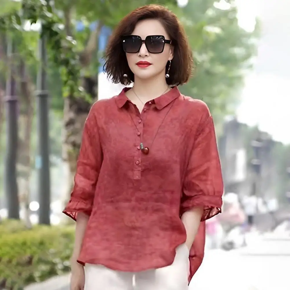 Loose Fit Thin Shirt Tops Stylish Women's Button-up Shirts Jacquard Print Lapel Tops Quarter Sleeve Polyester for Commuter