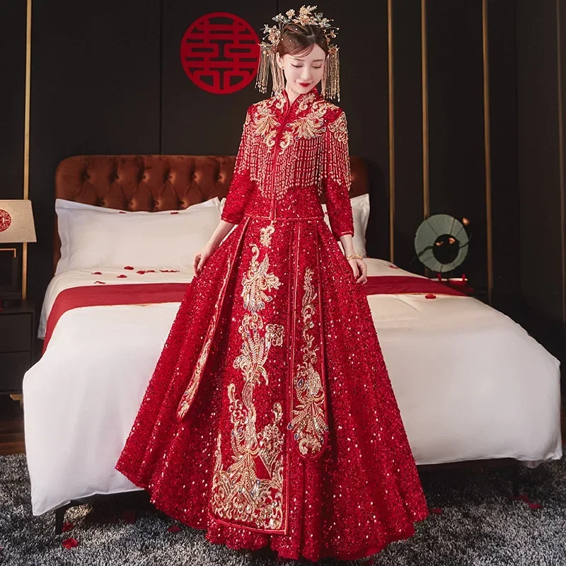 

Red Phoenix Embroidery Bride Tassel Cheongsam Dresses For Women Men Chinese Wedding Dress Couple Xiuhe Hanfu Tang Suit 2XL