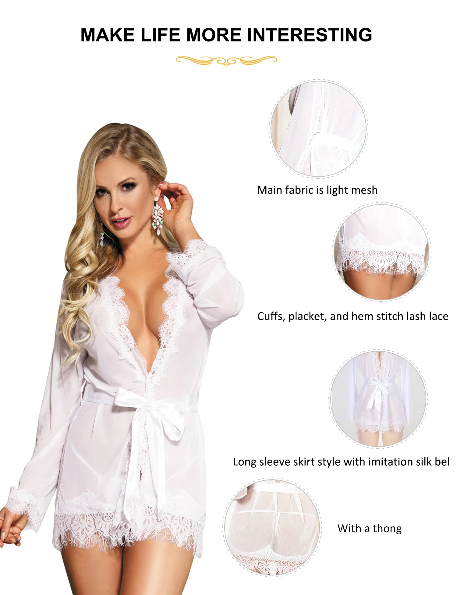 Ohyeahlady Sexy See Through Women's Nightgowns White Floral Lace Sleepwear Elegant Plus Size V Neck Babydoll Lingerie with Thong