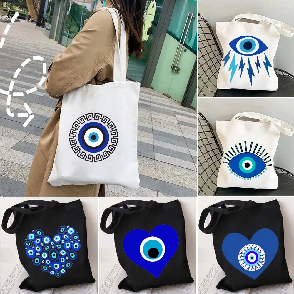 Blue Evil Eye Heart Protection Mandala Bohemian Books Shoulder Tote Bag for Women Grocery Hamsa Amulet Girl Travel Gifts Handbag