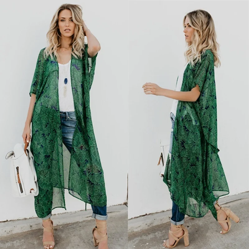 Women Beach Cover-ups Boho Printed Short Sleeve Long Chiffon Kimono Cardigan Loose Bikini Cover Up Robe Beachwear