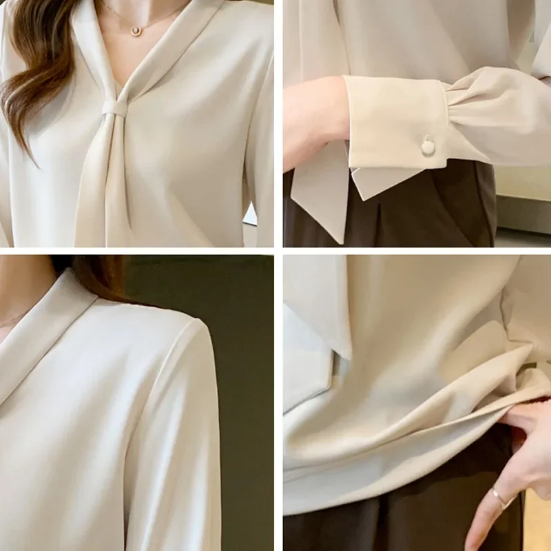 2021 White Blouse for Women\'s Solid Color Chiffon Shirt V-neck Shirt Long Sleeve Ladies Tops Bow Blusas Female Dropshipping 1290