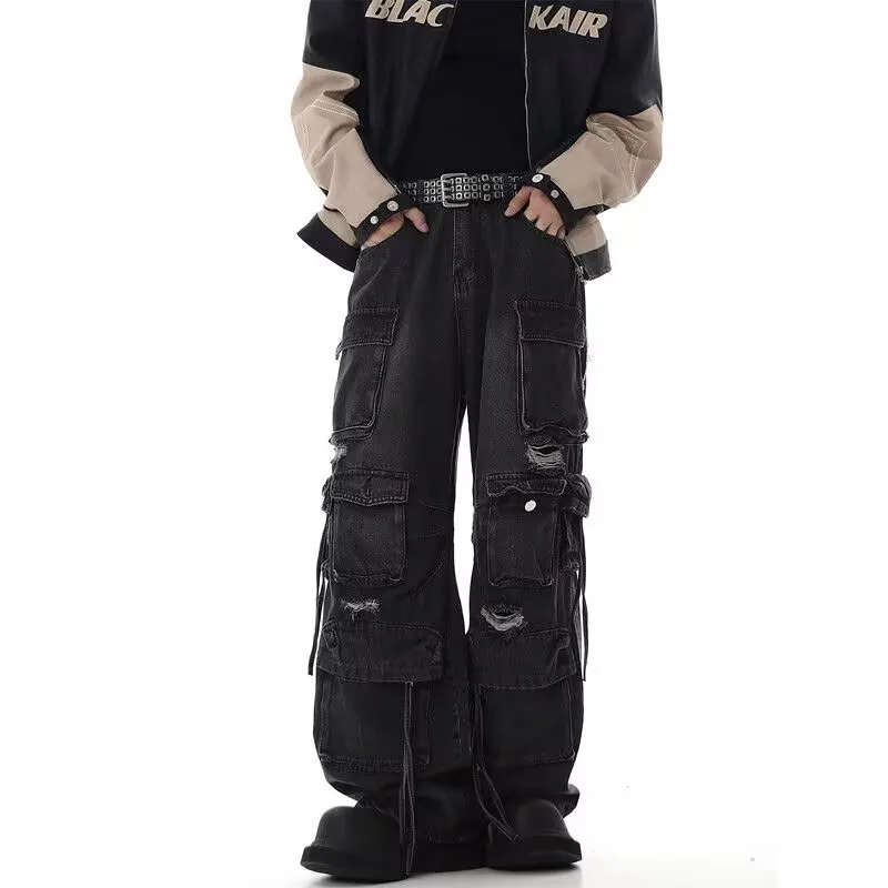 2025 Cyber Y2K Streetwear Washed Black Baggy Ripped Cargo Jeans Pants For Men Clothing Multi Pockets Wide Leg Hip Hop Trousers