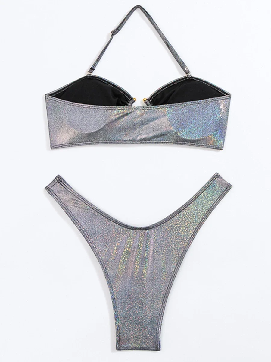 2025 Halter Ring Link Thong Bikini Set High Cut Swimsuit Women Sexy Swimwear Female Bathers Bathing Swimming Swim Suit Beachwear