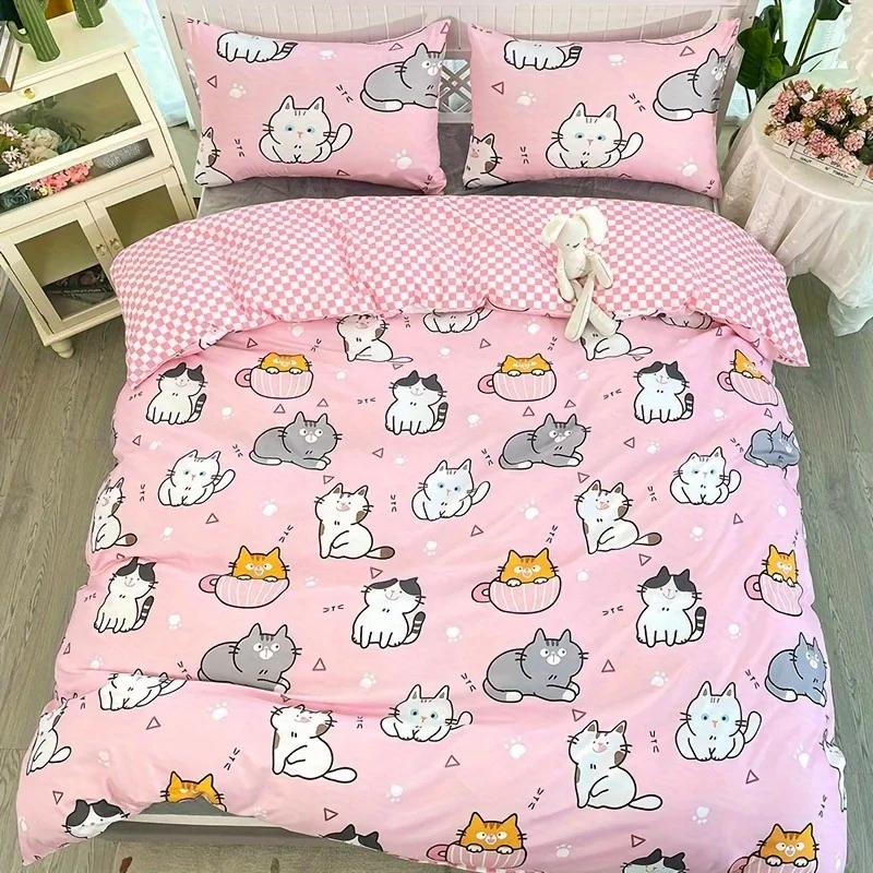 Kawaii Cartoon Cat Duvet Cover Set Pink Checkerboard Reversible Design Kitten Quilt Pillowcase Bedding For Teen Girls Bedroom