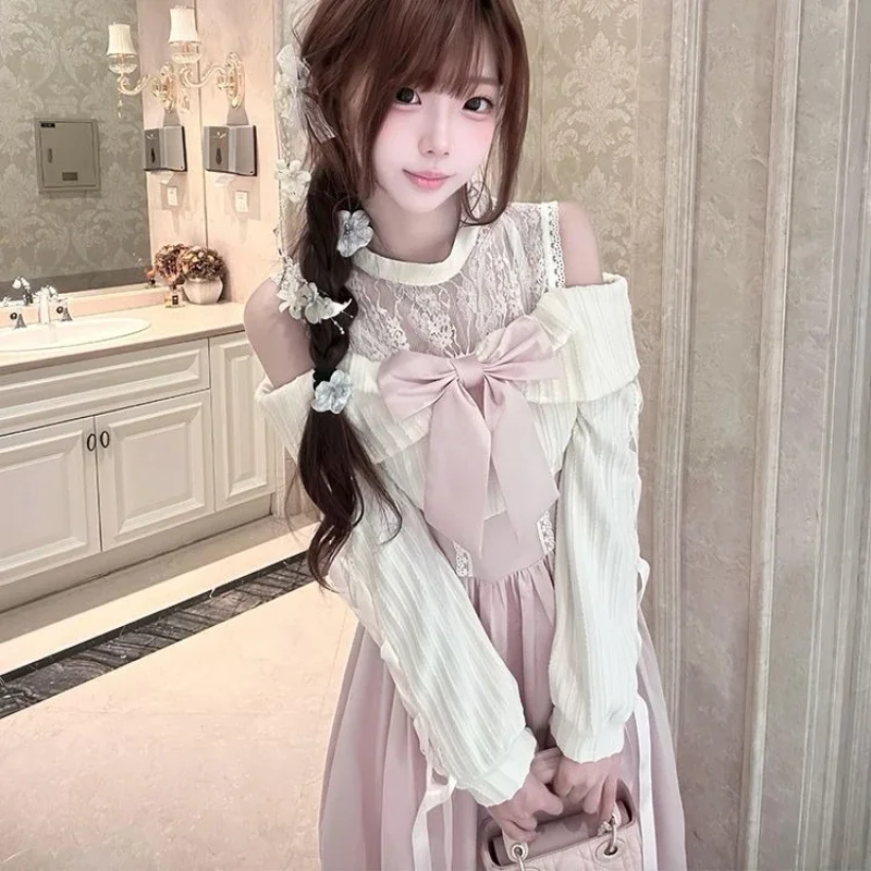 Kyoto Noble Girl Autumn and Winter Clothing Japanese Off Shoulder Bow Waist Slimming Long Dress Party Date Princess Dress