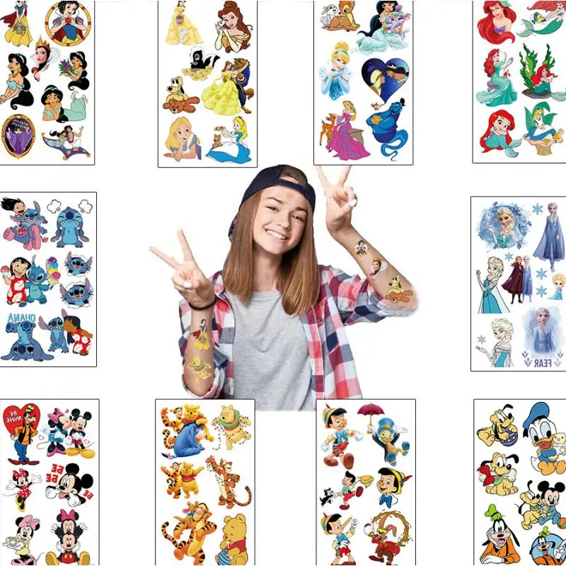 10Pcs New Disney Princess Frozen Temporary Tattoo Stickers Cute Stitch Mickey Children Tattoo For Kids Funny Birthday Gift