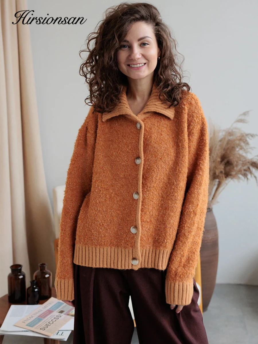 Hirsionsan Elegancki Sweter Damski z Długim Rękawem 2025 Nowy Jednorzędowy Damski Kardigan Casual Miękki Kaszmirowy Dzianinowy Płaszcz Brązowy