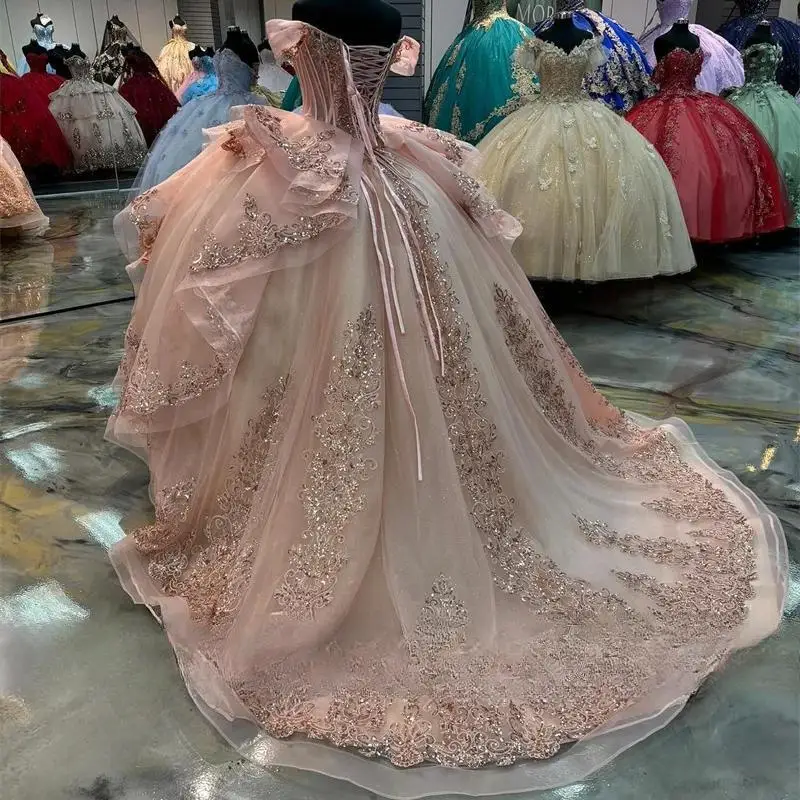 

Pink Shiny Ball Gown Quinceanera Dress 2024 Appliques Lace Beads Tull Off Shoulder Sweet 16 Dress Birthday Party Dress Lace-up