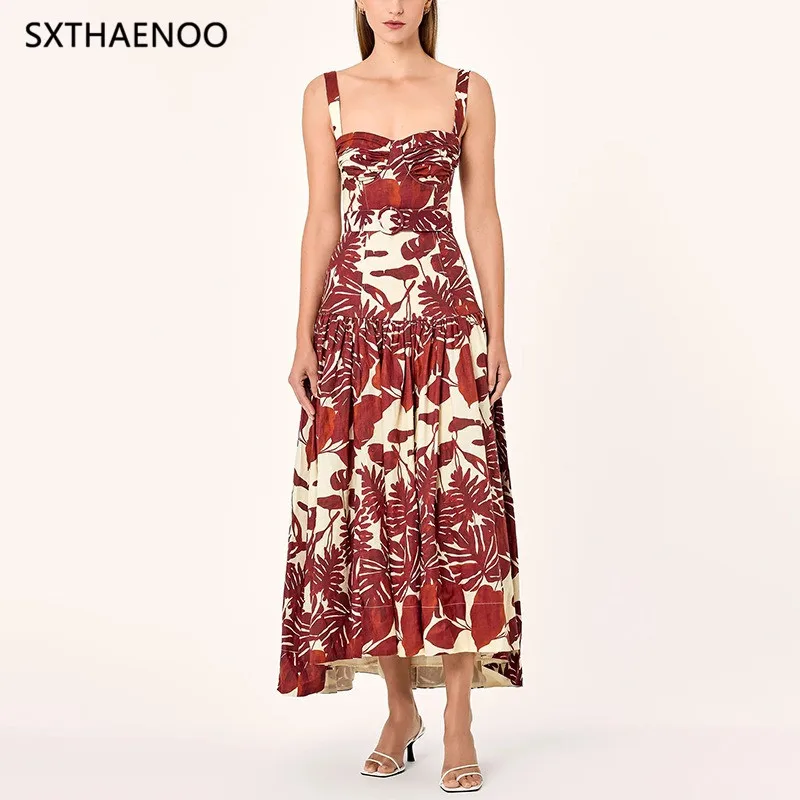 SXTHAENOO 2025 Estate Donna in cotone stampato con spalle scoperte Gonna lunga Vacanza al mare Maxi Boho Chic Moda Abito da festa sexy
