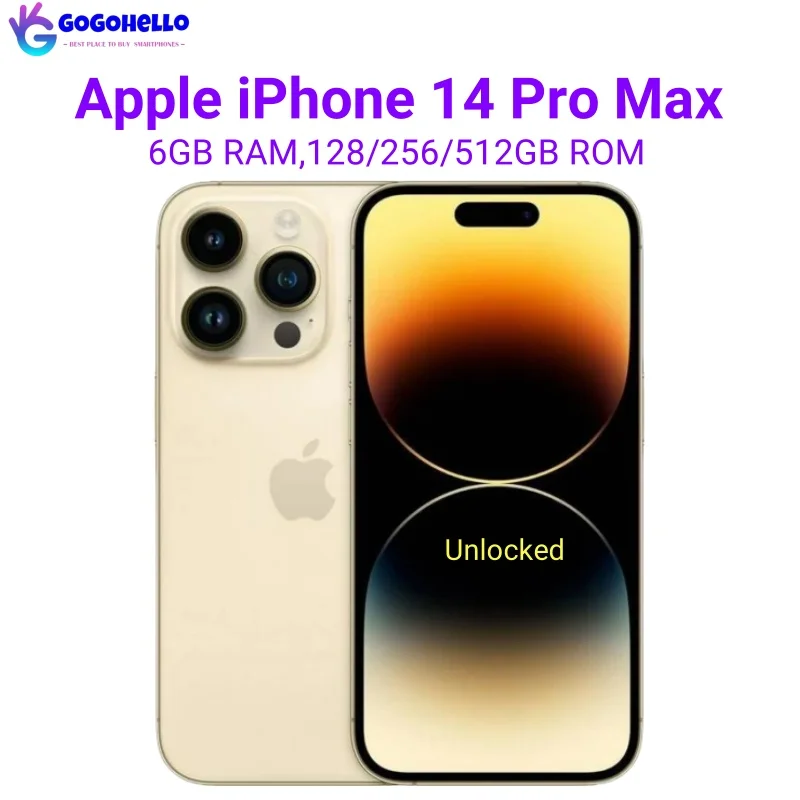 Téléphone portable débloqué d'origine iPhone 14 Pro Max 5G, 6.7 ", 6 Go, 128 Go, 256 Go, OLED d'origine Dean, Face ID 1epi+ 1eeptourists eeep98%, iOS, Nouveau