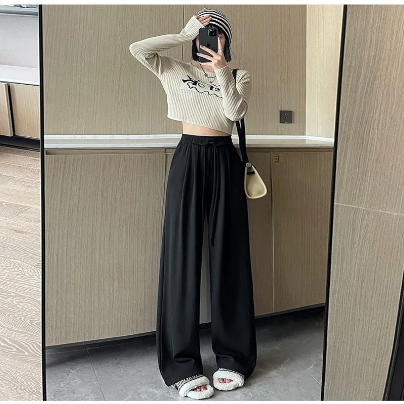 Pantaloni da donna a vita alta primaverili e autunnali appesi di alta qualità larghi dritti casual in seta di ghiaccio a gamba larga estivi sottili