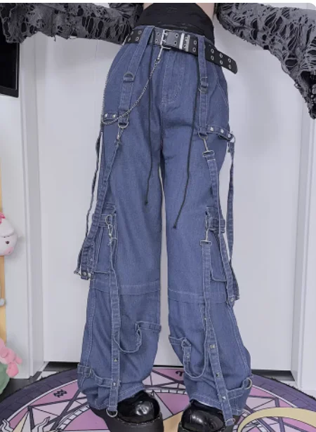 Spring New Elegant Ribbon Loose Sexy Girl Chic Street Versatile Pants Fashion Casual Blue Handsome Retro Personality Jeans