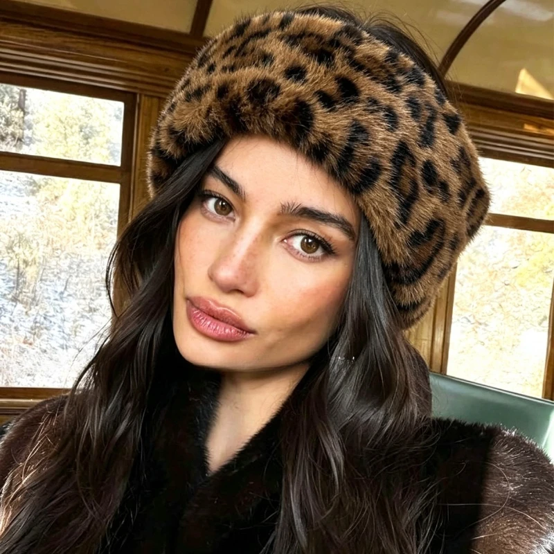 Ins Retro Y2K Leopard Print Fluffy Faux Fur Wide Headband, Soft Plush Thermal Hair Band ,Fall/Winter Street Hair Accessory