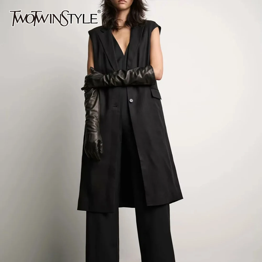 

TWOTWINSTYLE однотонные лоскутные жилеты для похудения на пуговицах для женщин туника без рукавов с лацканами шикарный длинный жилет женская мода новинка