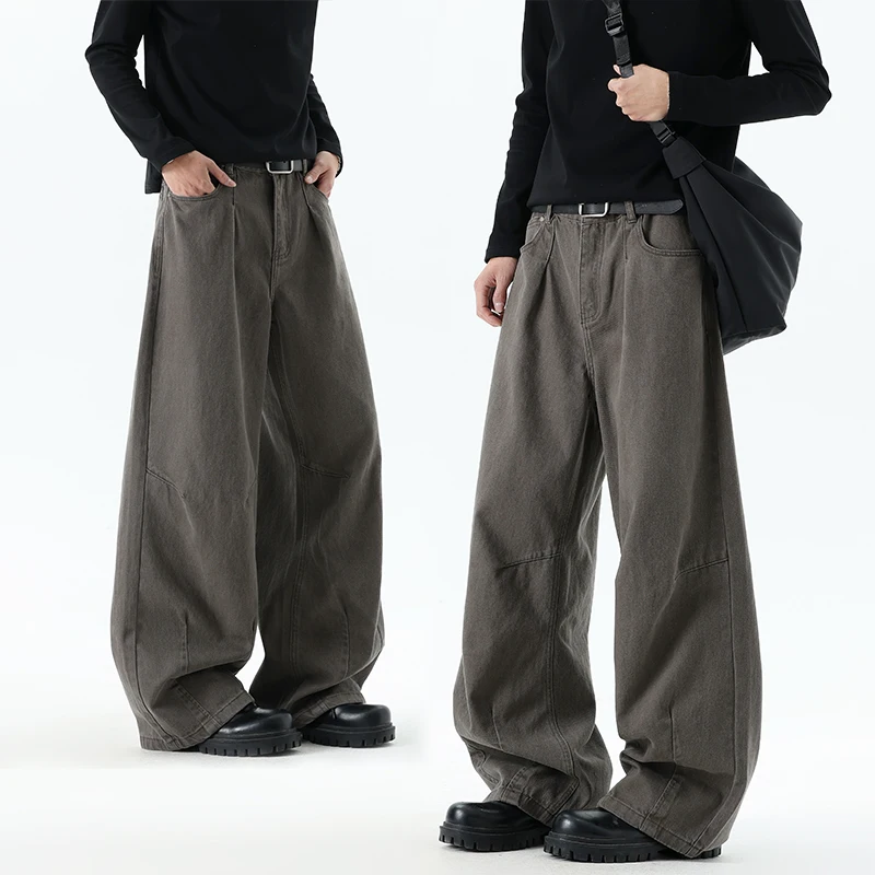 American Vintage Baggy Men's Jeans Wide Leg Denim Pants Deconstructed Workwear Loose Casual Trousers for Men Hip Hop Streetwear