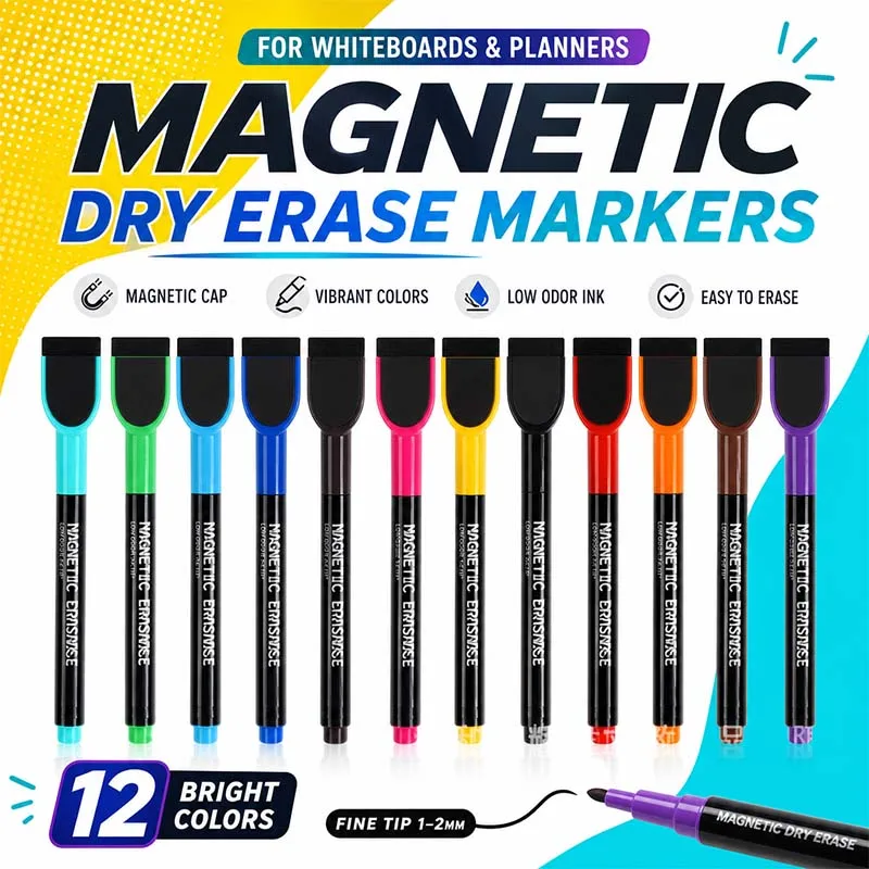 8/12pcs Magnetic Dry Erase Markers Chisel Tip Colorful White Board Markers with Eraser Cap, for Office, Classroom, Home & School