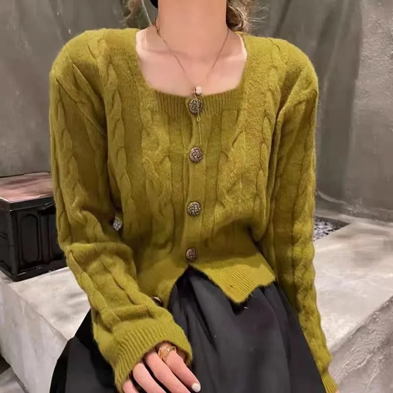 

Loose Knitted Sweater Women's Autumn Winter New Sle College Sle Twist Square Collar Slimming Design Open Cardigan