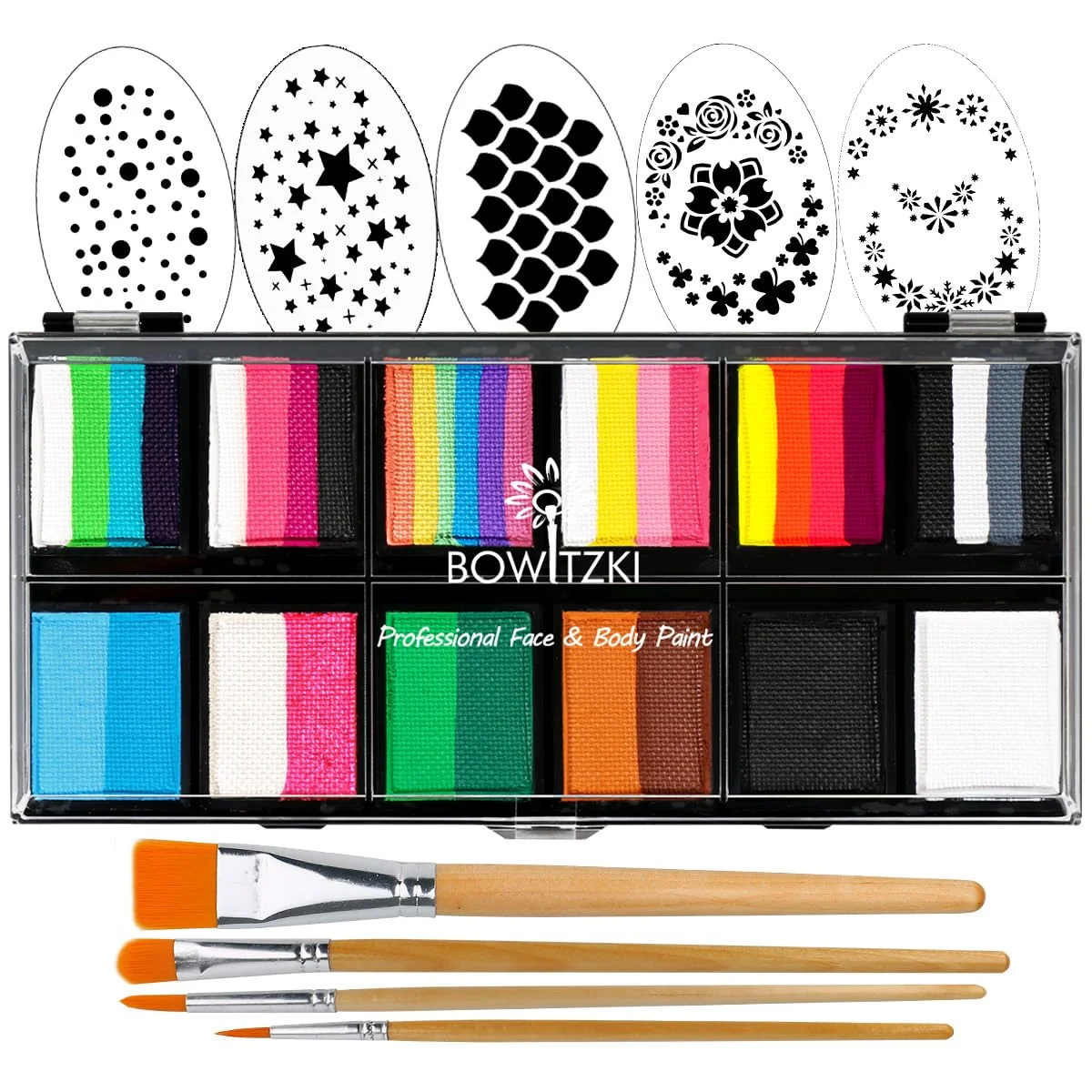Bowitzki 12x10gm Face Paint Professional Body Paint Kit One Stroke Split Cake Non Toxic Rainbow Flora Dolphin Carnival Set